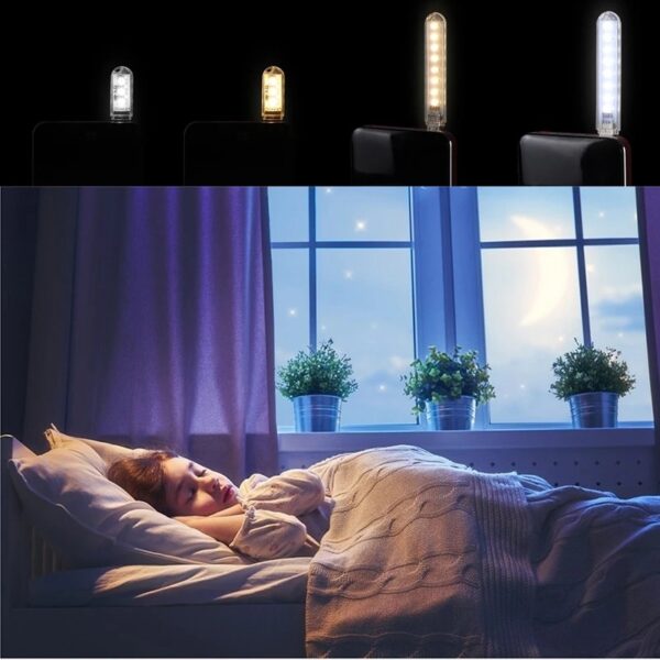 Woman sleeping in a cozy bed at night, with four LED light strips shown above in white, warm yellow, warm white, and blue.