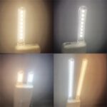 Two vertical LED light bars on a small base, one warm and one cool, shown in a four-panel collage.