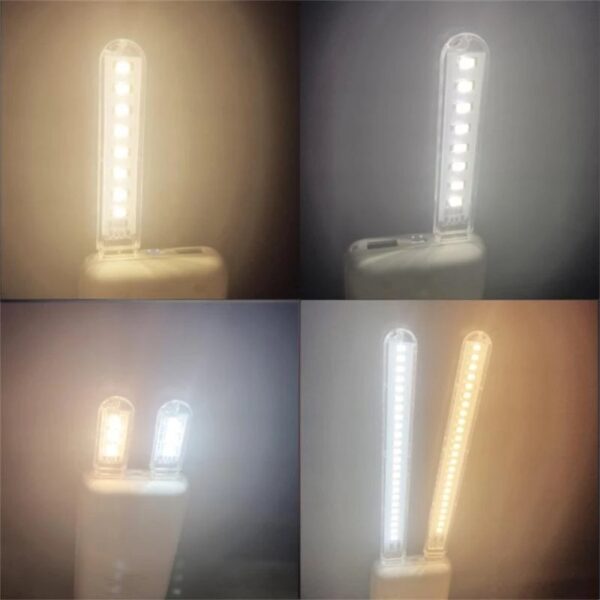 Two vertical LED light bars on a small base, one warm and one cool, shown in a four-panel collage.