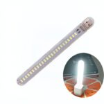 USB-powered LED light strip with multiple small LEDs, shown at an angle; inset shows it plugged into a power strip/adapter.
