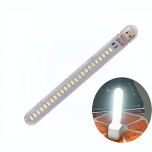 USB-powered LED light strip with multiple small LEDs, shown at an angle; inset shows it plugged into a power strip/adapter.
