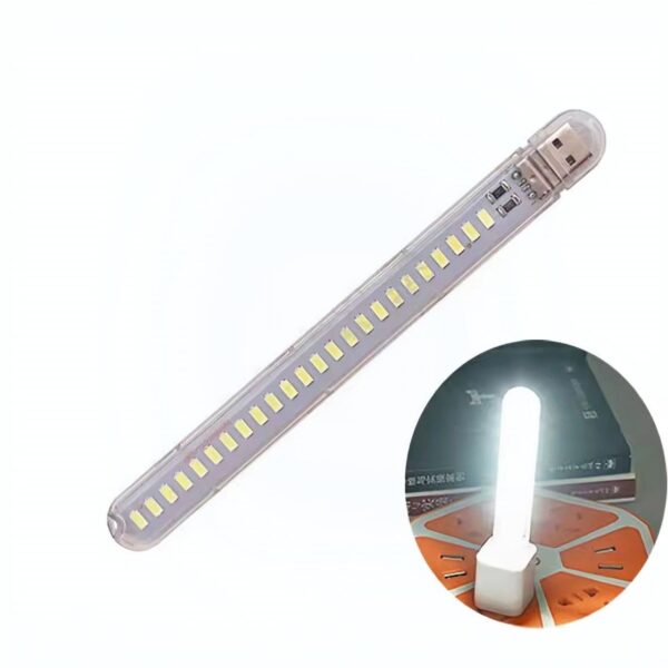 USB-powered LED light strip with multiple small LEDs, shown at an angle; inset shows it plugged into a power strip/adapter.