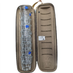Stack of clear glass tumblers stacked in a brown padded travel case with a zip closure.