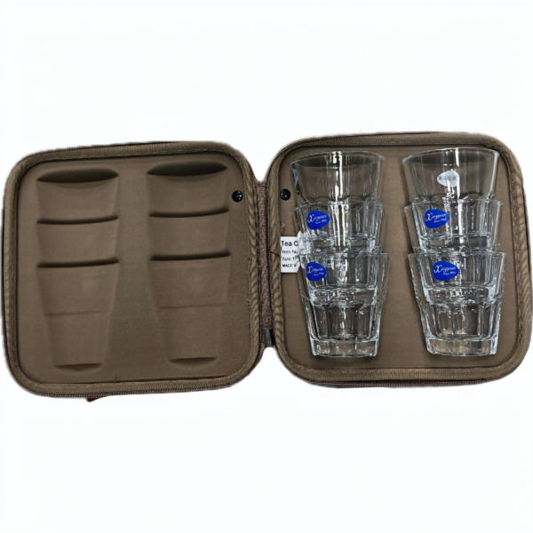 Open brown travel case containing two stacks of clear glass tumblers with blue brand stickers on each glass, organized in right side.